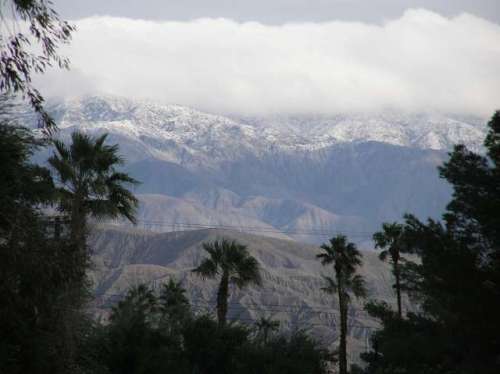 Back door view of the snow peaked mountains in Palm Springs December 2007
