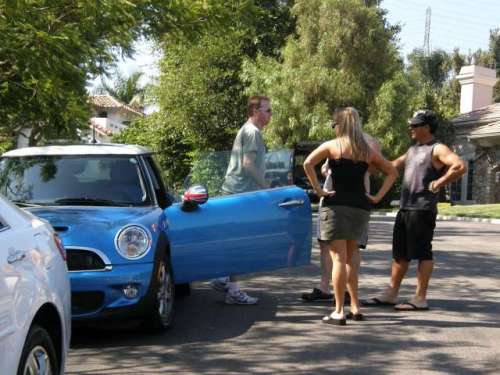 checking out Amy's new Mini Cooper